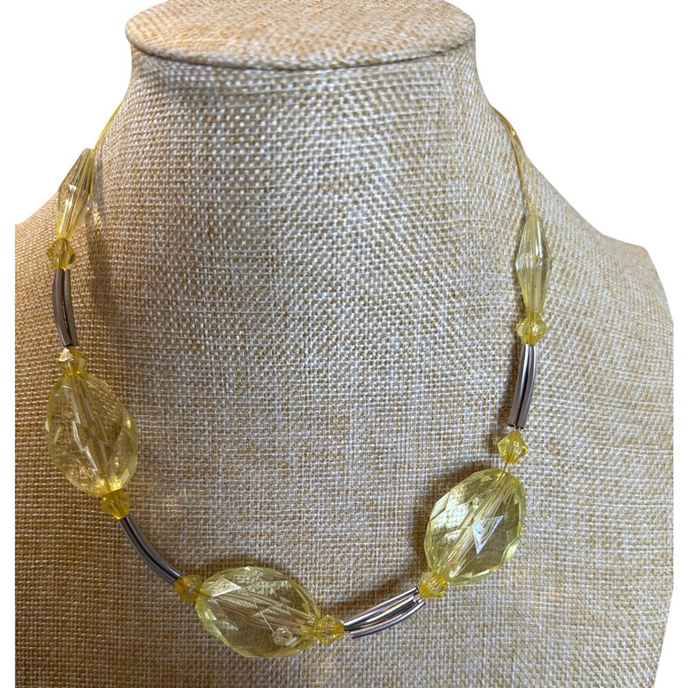 Yellow Faceted Acrylic Bead Statement Necklace Silver Tone‎ Spacers